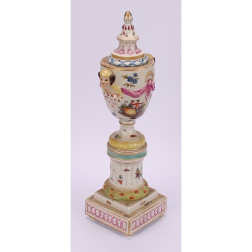 283 - A pair of Berlin porcelain cassolettes, each as a pedestal urn on column support, stepped square bas... 