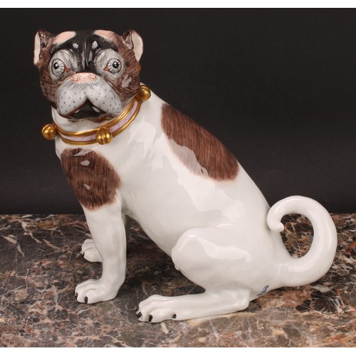 284 - A pair of Dresden pug dogs, collars in pink and gold with bells, 23cm, printed marks in blue, later ... 