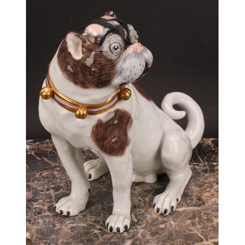 284 - A pair of Dresden pug dogs, collars in pink and gold with bells, 23cm, printed marks in blue, later ... 