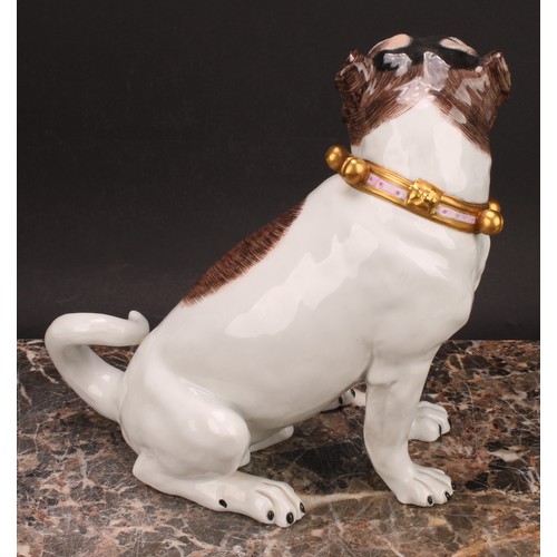 284 - A pair of Dresden pug dogs, collars in pink and gold with bells, 23cm, printed marks in blue, later ... 