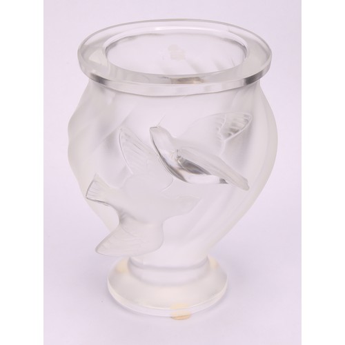 302 - A Lalique 'Rosine' ovoid pedestal vase, of wrythen form, relief decorated with two birds, engraved m... 