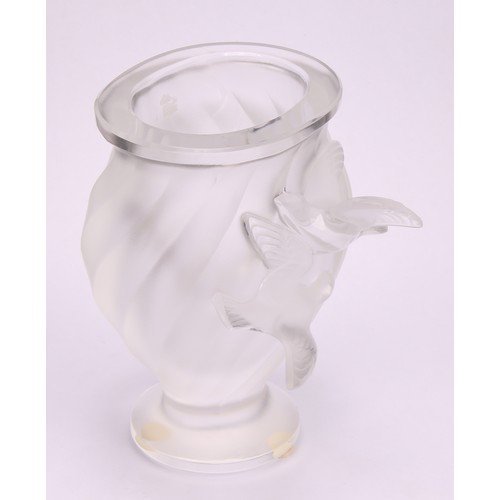 302 - A Lalique 'Rosine' ovoid pedestal vase, of wrythen form, relief decorated with two birds, engraved m... 