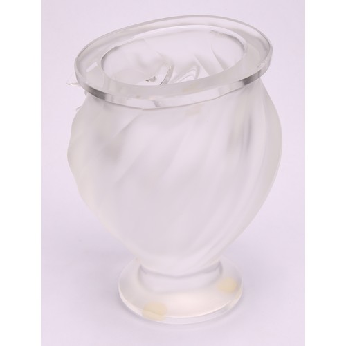 302 - A Lalique 'Rosine' ovoid pedestal vase, of wrythen form, relief decorated with two birds, engraved m... 