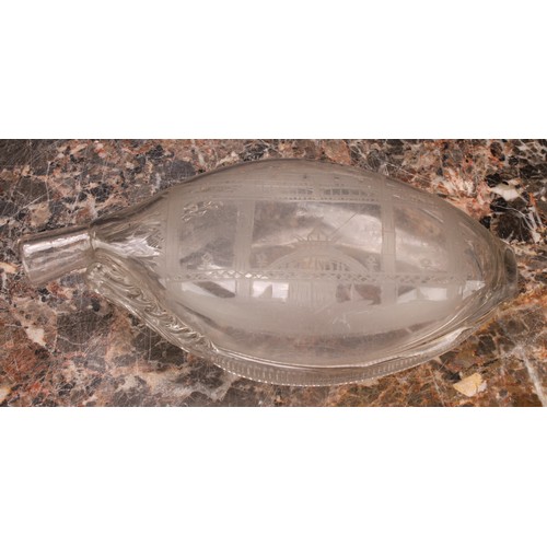 313 - Railway Interest - steam locomotives, an early 19th century clear glass oval flask, hand engraved wi... 