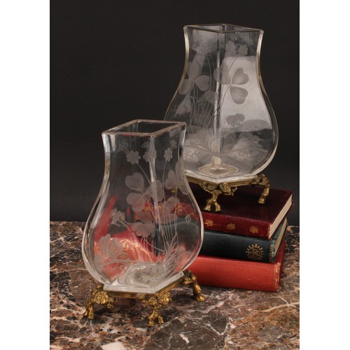 308 - A pair of Continental ormolu mounted clear glass vases, each etched in the Art Nouveau taste with cl... 