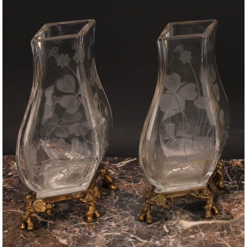 308 - A pair of Continental ormolu mounted clear glass vases, each etched in the Art Nouveau taste with cl... 