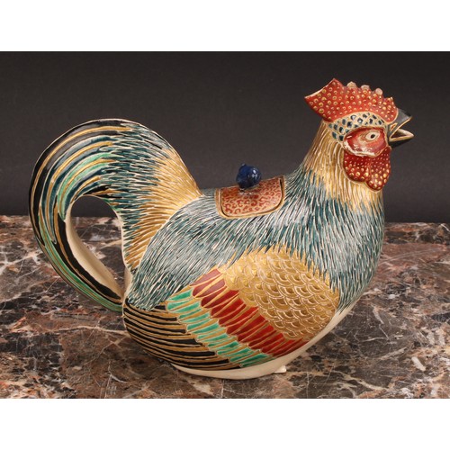 360 - A Japanese satsuma teapot, as a cockerel, painted in polychrome and picked out in gilt, 18cm long, c... 