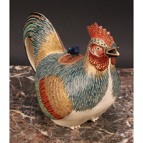 360 - A Japanese satsuma teapot, as a cockerel, painted in polychrome and picked out in gilt, 18cm long, c... 