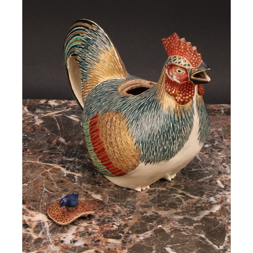 360 - A Japanese satsuma teapot, as a cockerel, painted in polychrome and picked out in gilt, 18cm long, c... 