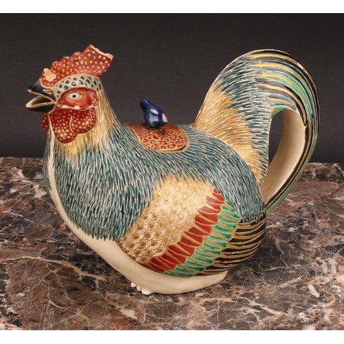 360 - A Japanese satsuma teapot, as a cockerel, painted in polychrome and picked out in gilt, 18cm long, c... 