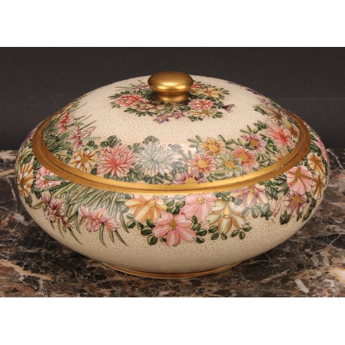 358 - A Japanese satsuma bun shaped bowl and cover, painted in the typical palette with flowers, 15.5m dia... 