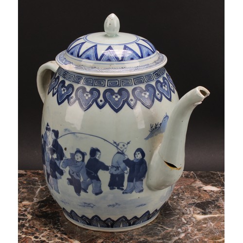 365 - A large 19th century Chinese wine pot and cover, decorated in underglaze blue with figures from The ... 