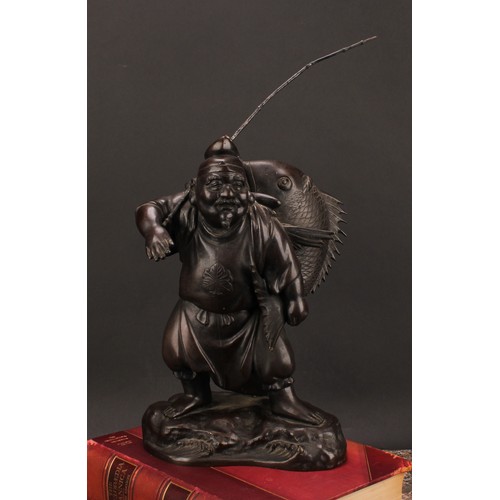 342 - A Japanese bronze figure, Ebisu, the Japanese god of fishermen and luck, 35.5cm high excluding rod