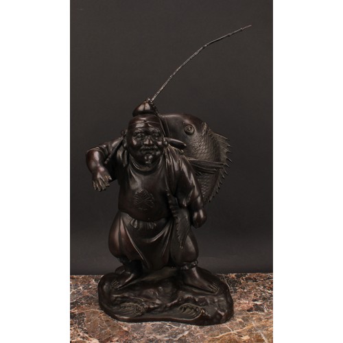 342 - A Japanese bronze figure, Ebisu, the Japanese god of fishermen and luck, 35.5cm high excluding rod