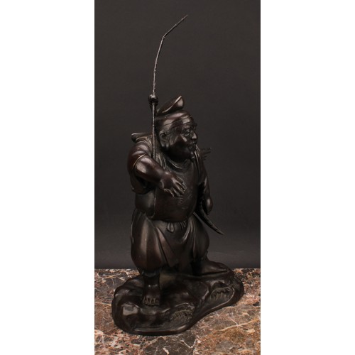 342 - A Japanese bronze figure, Ebisu, the Japanese god of fishermen and luck, 35.5cm high excluding rod