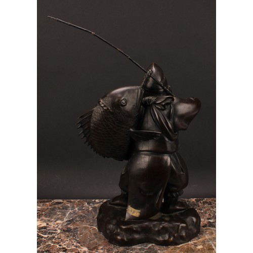 342 - A Japanese bronze figure, Ebisu, the Japanese god of fishermen and luck, 35.5cm high excluding rod