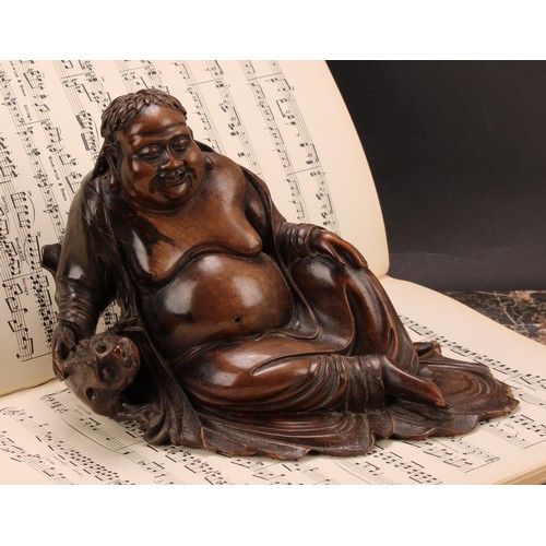 334 - A Chinese hardwood carving, Liu Hai with Chan Chu, 25cm wide