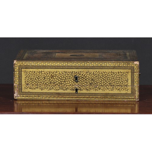 341 - A Japanese black lacquer and parcel gilt rectangular games or work box, decorated with clover on a t... 