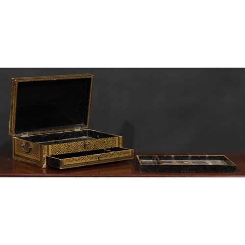 341 - A Japanese black lacquer and parcel gilt rectangular games or work box, decorated with clover on a t... 