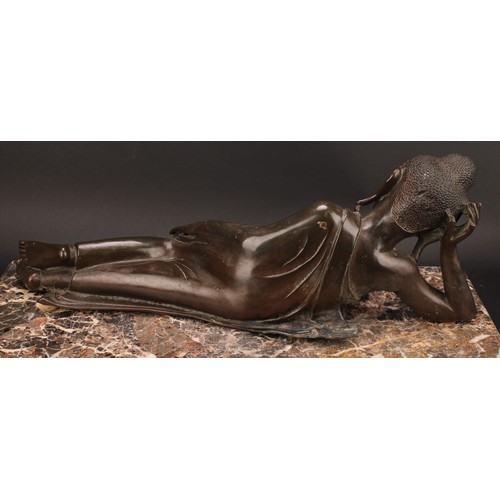 345 - Chinese School, a brown patinated bronze, Buddha, depicted reclining, about to enter Parinirvana, hi... 