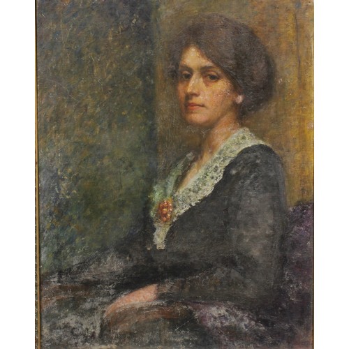 566 - English School (early 20th century)
Society Portrait, Lady in a Lace Trimmed Dress
oil on canvas, 75... 