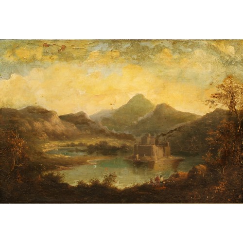 568 - English School (late 18th/19th century)
Castle in a Lake,
oil on canvas, 44cm x 66cm, the mount insc... 