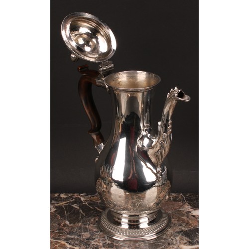 795 - A George III silver baluster coffee pot, quite plain, hinged domed cover with wrythen finial, scroll... 