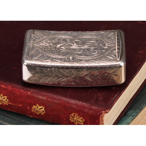 808 - A George III silver curved rounded rectangular snuff box, profusely bright-cut engraved with flowers... 