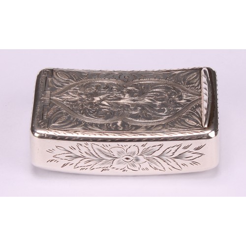 808 - A George III silver curved rounded rectangular snuff box, profusely bright-cut engraved with flowers... 