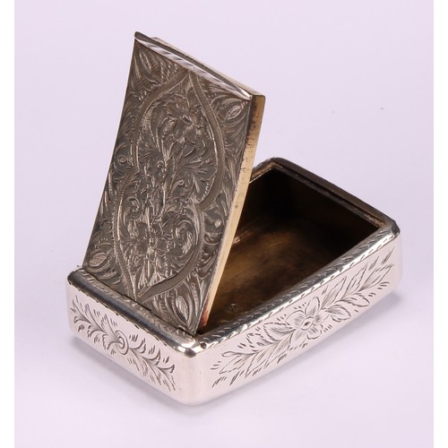 808 - A George III silver curved rounded rectangular snuff box, profusely bright-cut engraved with flowers... 