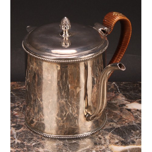 810 - A George III silver cylindrical argyle, hinged cover with bud finial, beaded borders, cane-wrapped s... 