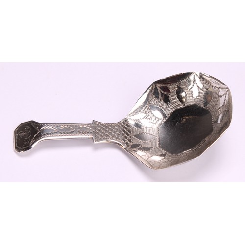 801 - A George III silver caddy spoon, octagonal bowl, bright-cut and wriggle-work engraved, 7.5cm long, J... 