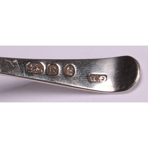 803 - A George III silver caddy spoon, pierced oval bowl, bright-cut and wrigglework engraved, 7.5cm long,... 