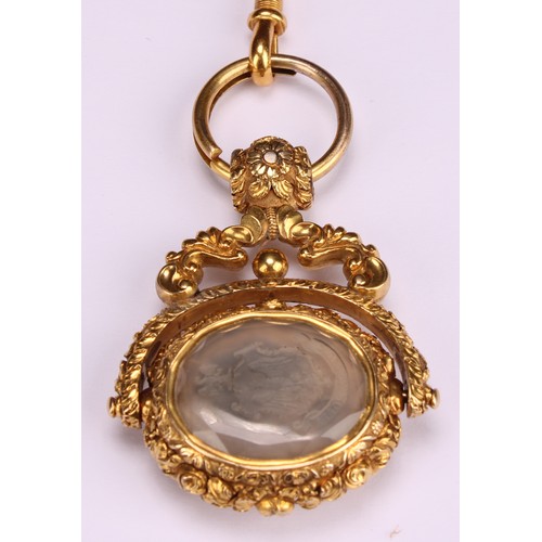 1252 - A 19th century gilt metal swivel fob seal, citrine and chalcedony matrices intaglio engraved with ar... 