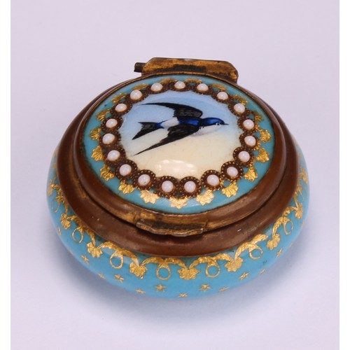 1250 - A 19th century French Palais Royal enamel circular rouge box, hinged cover decorated with a swallow,... 