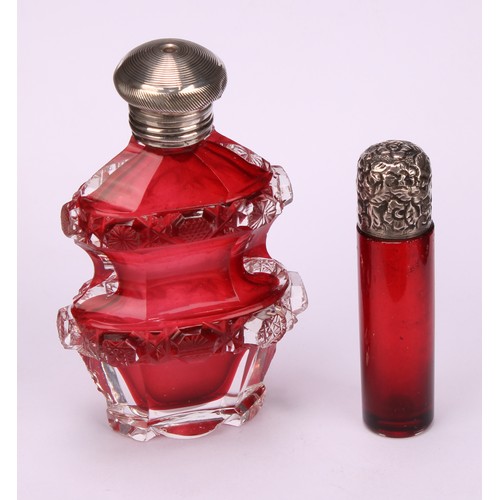 1255 - A 19th century silver coloured metal mounted cylindrical cranberry glass scent bottle, the hinged co... 