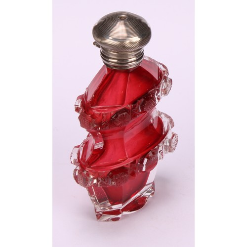 1255 - A 19th century silver coloured metal mounted cylindrical cranberry glass scent bottle, the hinged co... 