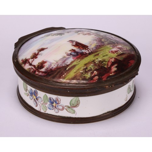 1249 - A 19th century enamel circular table snuff box, hinged cover painted with young shepherds in a pasto... 