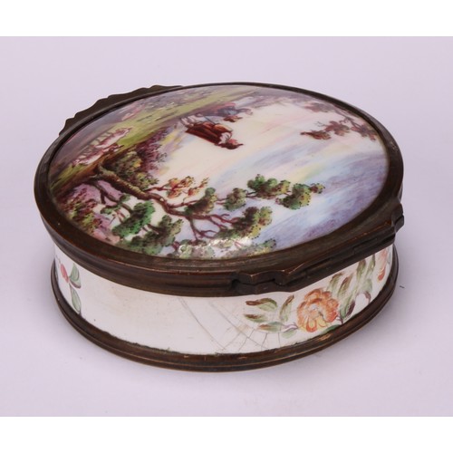 1249 - A 19th century enamel circular table snuff box, hinged cover painted with young shepherds in a pasto... 