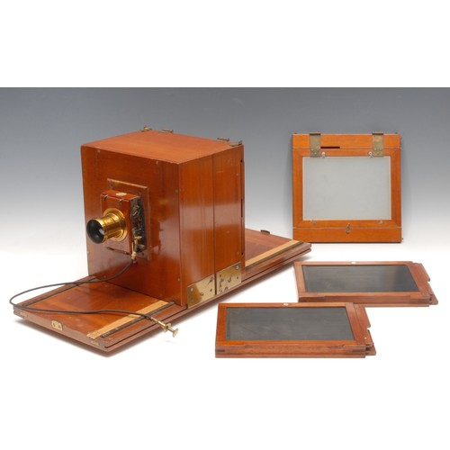 1244 - Photography - An unusual  Watson mahogany and brass half plate tailboard field camera, the tailboard... 