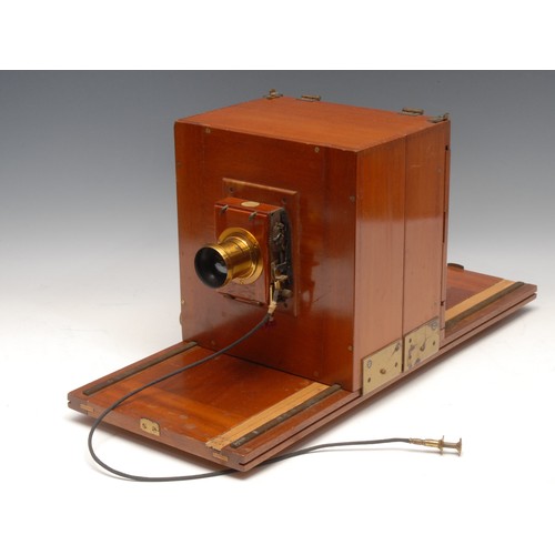 1244 - Photography - An unusual  Watson mahogany and brass half plate tailboard field camera, the tailboard... 