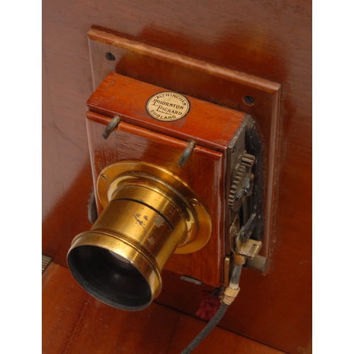 1244 - Photography - An unusual  Watson mahogany and brass half plate tailboard field camera, the tailboard... 