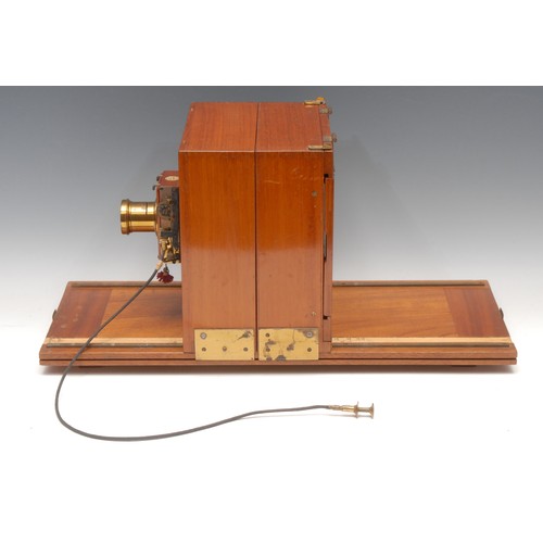 1244 - Photography - An unusual  Watson mahogany and brass half plate tailboard field camera, the tailboard... 