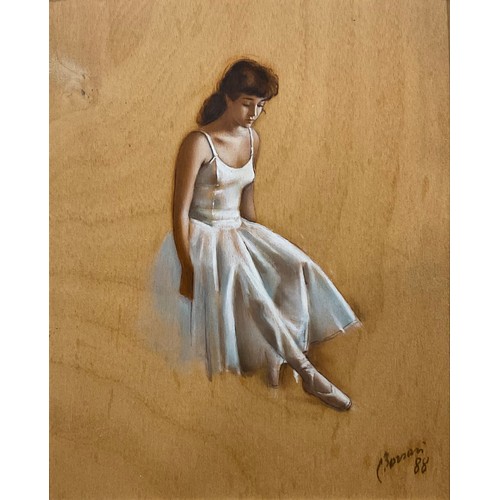 71 - Italian School, Carlo Bossani 
Seated Ballerina  
signed, dated 1988, oil on wood, inscribed and sig... 