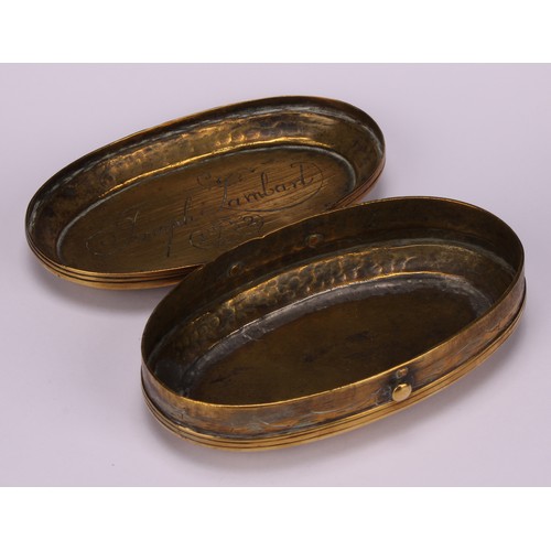 An Early 18th Century Dutch Brass Oval Tobacco Box Engraved With Narrative Scenes Hinged Cover Ins 0699