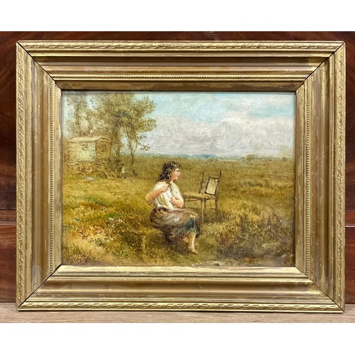 70 - Victorian School   
Gypsy Girl Combing Her Hair  
unsigned, oil on canvas, 23cm x 30cm