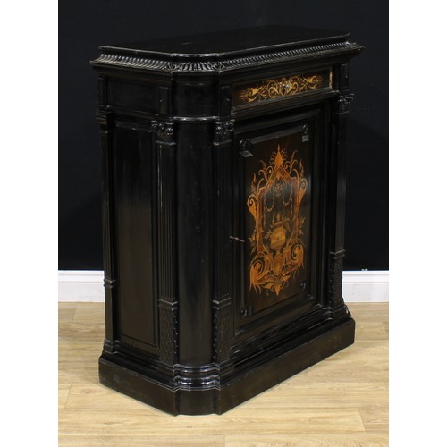 2158 - A pair of 19th century Continental ebonised and marquetry pier cabinets, each with a concave moulded... 