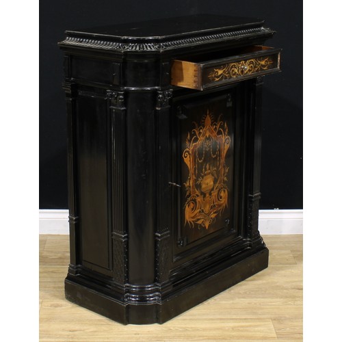 2158 - A pair of 19th century Continental ebonised and marquetry pier cabinets, each with a concave moulded... 