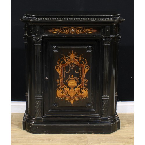 2158 - A pair of 19th century Continental ebonised and marquetry pier cabinets, each with a concave moulded... 