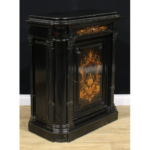 2158 - A pair of 19th century Continental ebonised and marquetry pier cabinets, each with a concave moulded... 